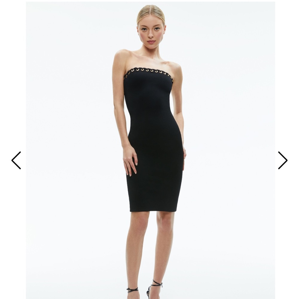 Alice + Olivia Zora Black Bodycon Midi Strapless Dress with Grommet Neckline